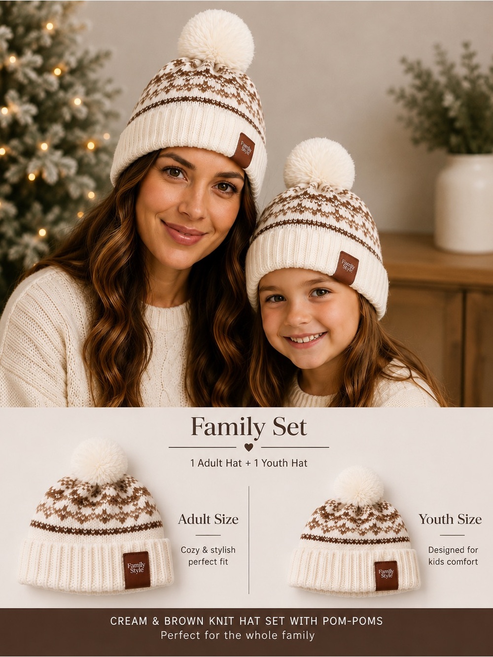 Fun Macy's family set Cream and Brown Knit Hat Set with Pom-Poms NEW